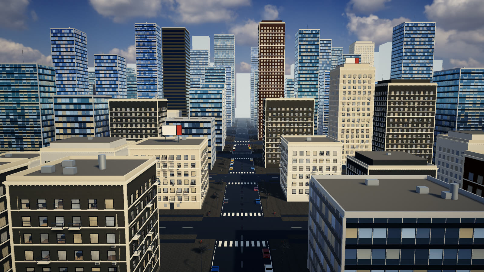 A generated city street seen from above