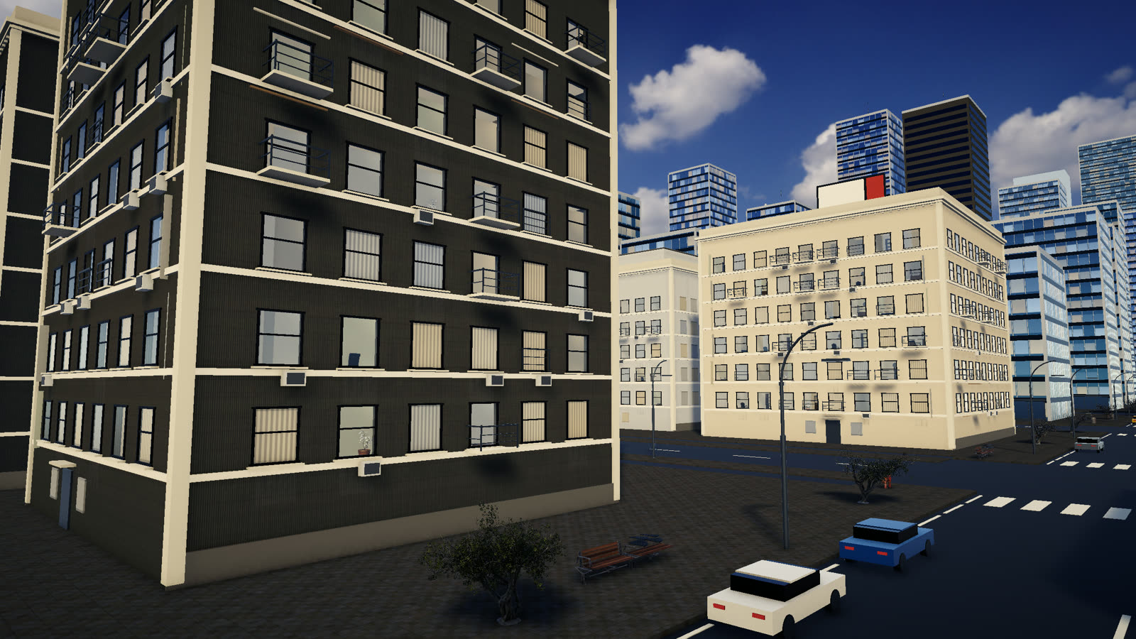 Street level view with balconies and sidewalks
