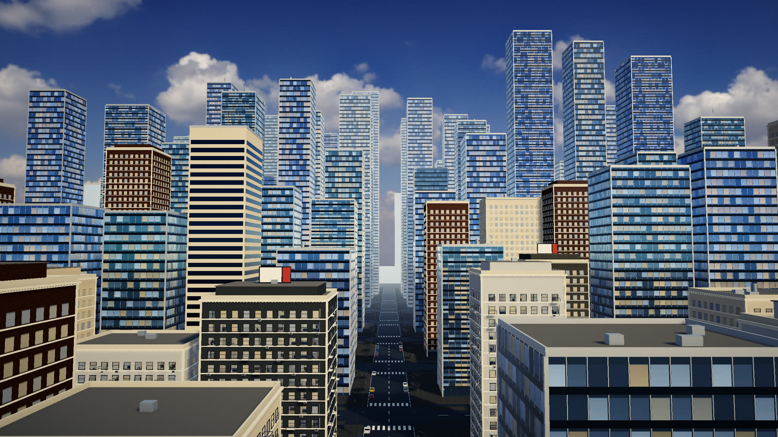 A dense downtown of glass towers